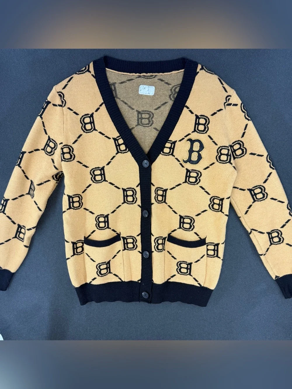 Black-Trim Camel Patterned Cardigan Sweater